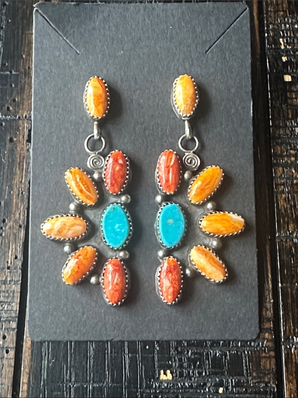 Navajo Jacqueline Silver Spiny Oyster & Turquoise Sterling Silver Earrings - Picture 2 of 7